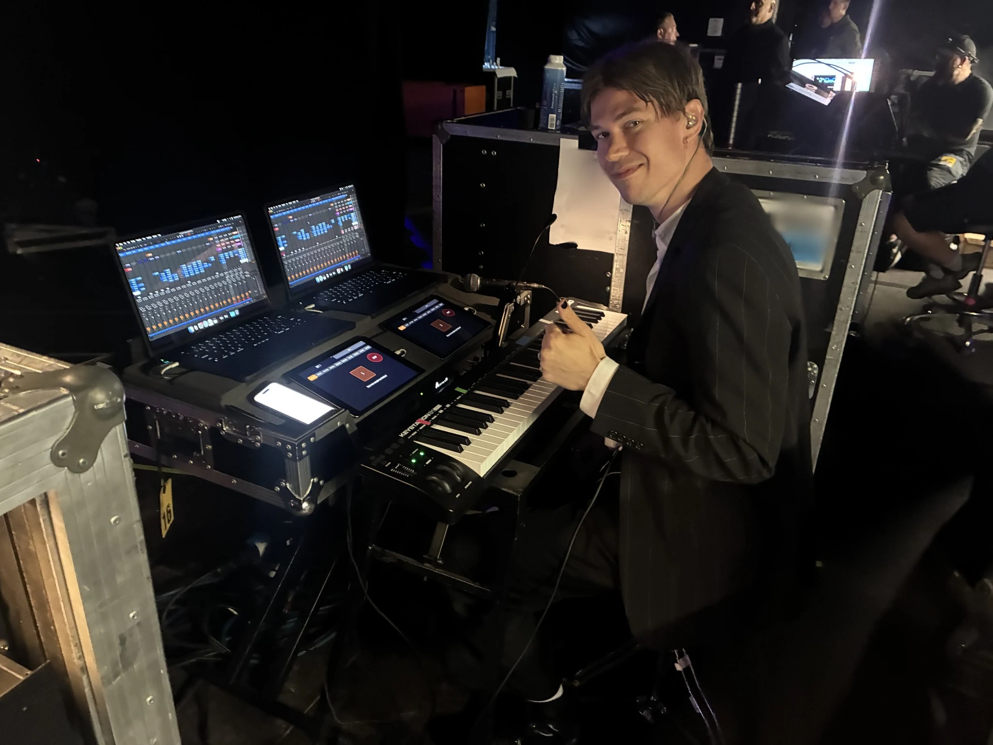 Zack Borg working at a touring keyboard rig